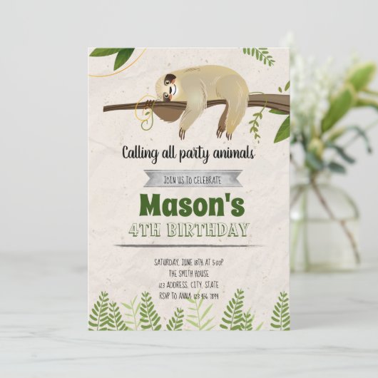 Cute sloth party-uitnodiging kaart (Staand voorkant)