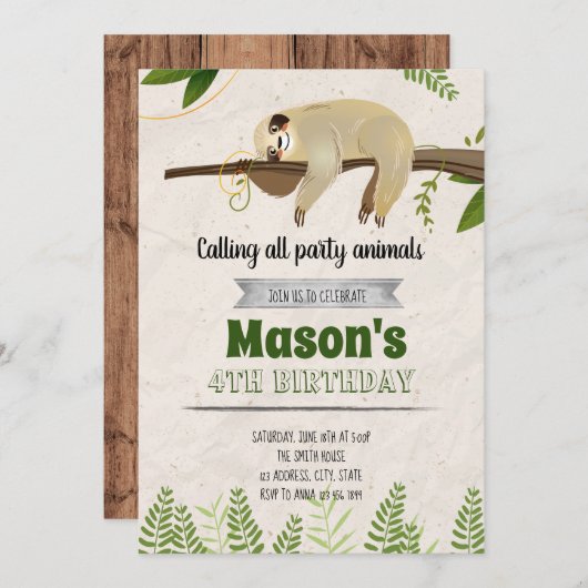 Cute sloth party-uitnodiging kaart (Voorkant / Achterkant)