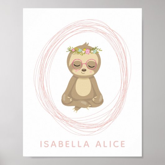Cute Sloth Pink Zen Yoga Lotus Art Persoonlijk Poster (Voorkant)