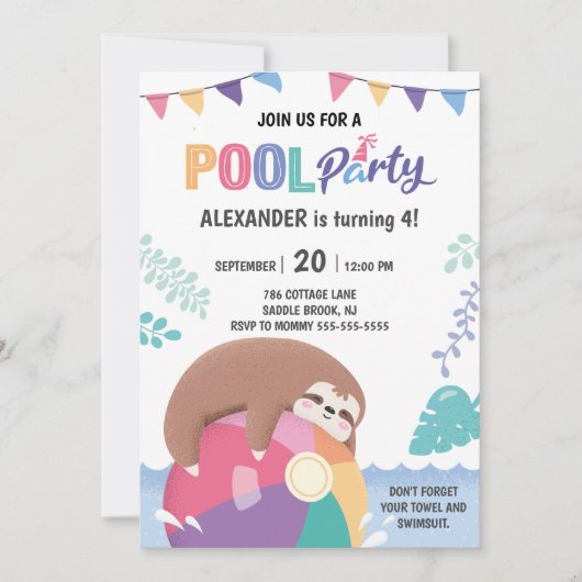Cute Sloth Pool Party Boy Girl Birthday Uitnodigin Kaart (Voorkant)