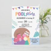 Cute Sloth Pool Party Boy Girl Birthday Uitnodigin Kaart (Staand voorkant)