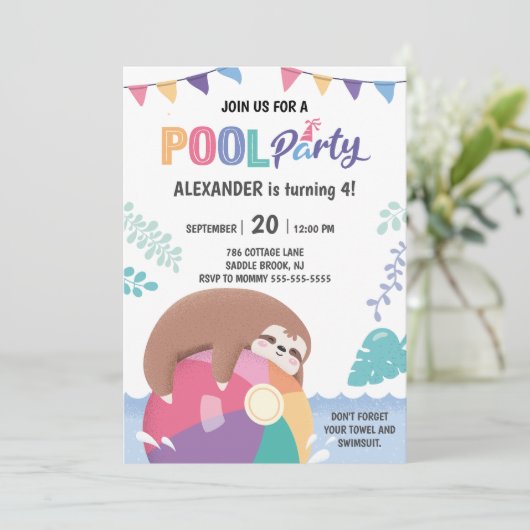 Cute Sloth Pool Party Boy Girl Birthday Uitnodigin Kaart (Staand voorkant)