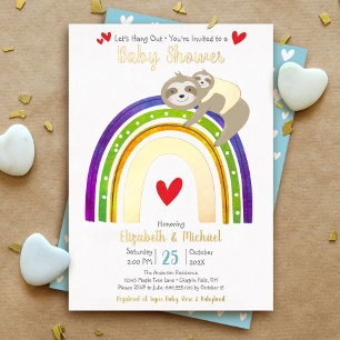 Cute Sloth Rainbow Heart Boy Baby shower Real Gold Folie Uitnodiging