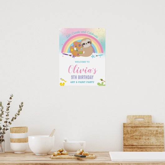 Cute Sloth Rainbow Paint Art Birthday Welkom Poster (Keuken)