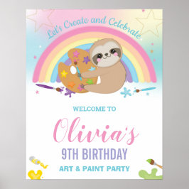 Cute Sloth Rainbow Paint Art Birthday Welkom Poster