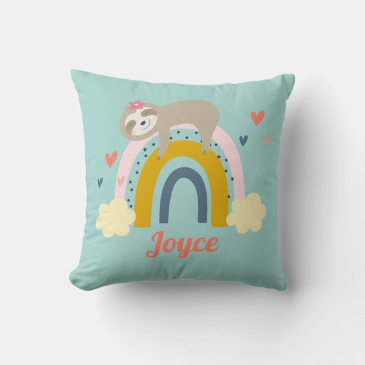 Cute Sloth Rainbow Pink Turquoise Personaliseer na Kussen (Voorkant)