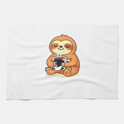 Cute Sloth Relaxing with Hot Coffee Premium T-Shir Theedoek (Horizontaal)