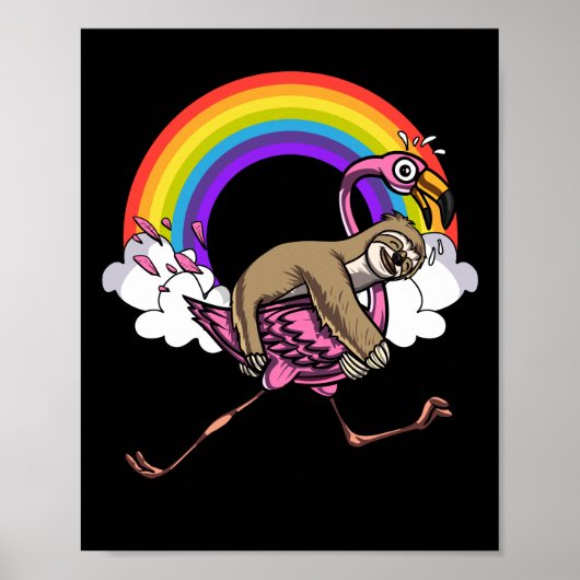 Cute Sloth Riding Flamingo Bird Funny Rainbow Poster (Voorkant)