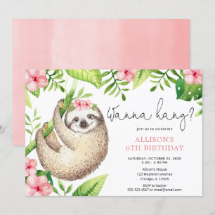 Cute sloth roze groene bladeren meisjesfeest kaart