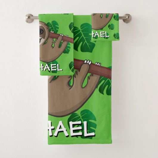 Cute Sloth Safari Green Cartoon Oerwoud Name Bad Handdoek (Insitu)