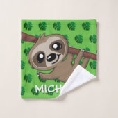 Cute Sloth Safari Green Cartoon Oerwoud Name Bad Handdoek (Wasdoekje)