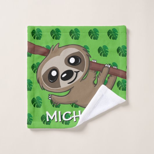 Cute Sloth Safari Green Cartoon Oerwoud Name Bad Handdoek (Wasdoekje)