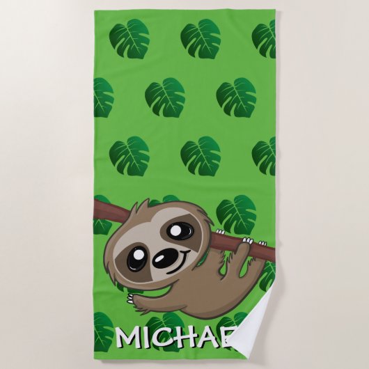 Cute Sloth Safari Green Cartoon Oerwoud Name Strandlaken (Voorkant)