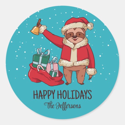 Cute Sloth Santa Kerstmis Snowy Winter Holiday Ronde Sticker (Voorkant)