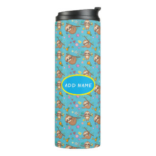 Cute Sloth   Sjabloon bloemen blauwe patroonsterre Thermosbeker