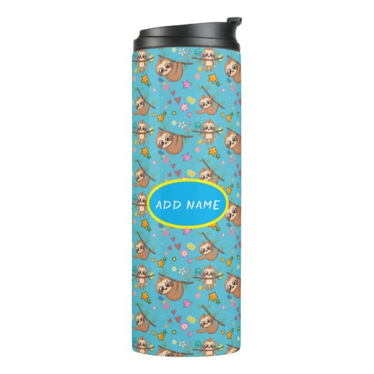 Cute Sloth | Sjabloon bloemen blauwe patroonsterre Thermosbeker (Gedraaid links)
