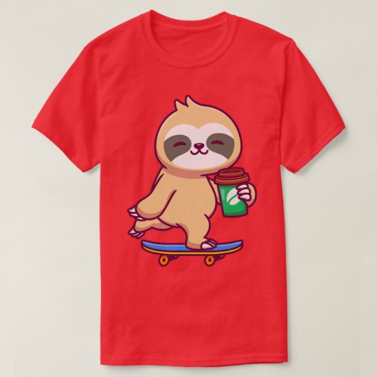 Cute Sloth Skateboarding en Holding Coffee T-shirt (Design voorkant)