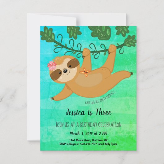 Cute Sloth Tropical Girly Birthday Party Kaart (Voorkant)