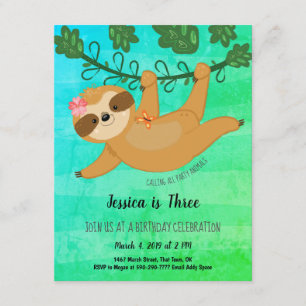 Cute Sloth Tropical Girly Birthday Party Kaart