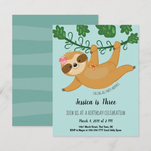 Cute Sloth Tropical Girly Birthday Party Kaart (Voorkant / Achterkant)
