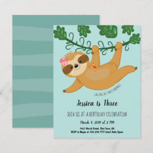 Cute Sloth Tropical Girly Birthday Party Kaart