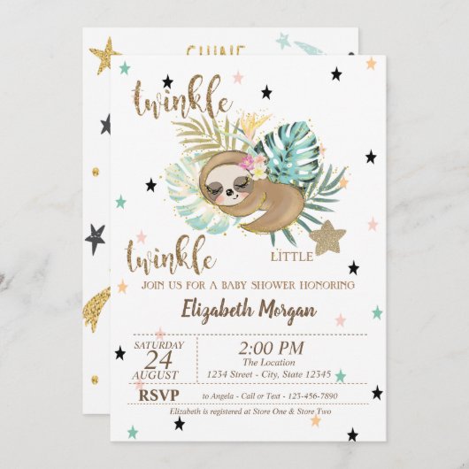 Cute Sloth Twinkle Little Star Baby shower Kaart (Voorkant / Achterkant)