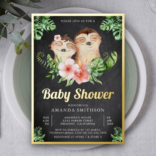 Cute Sloth Twins Chalkboard Baby shower Gold Folie Uitnodiging