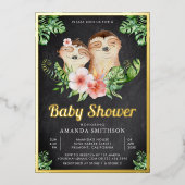 Cute Sloth Twins Chalkboard Baby shower Gold Folie Uitnodiging (Voorkant)