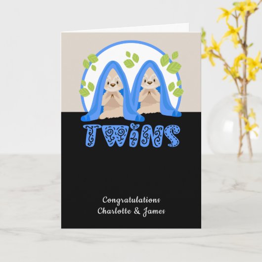 Cute Sloth Two boys New Twin Baby's Kaart (Gele Bloem)