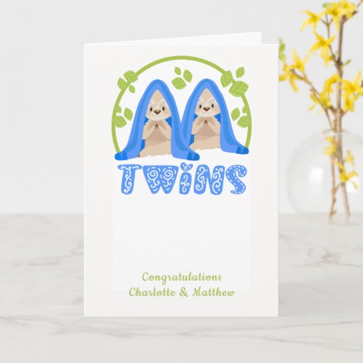 Cute Sloth Two boys New Twin Baby's Kaart (Gele Bloem)