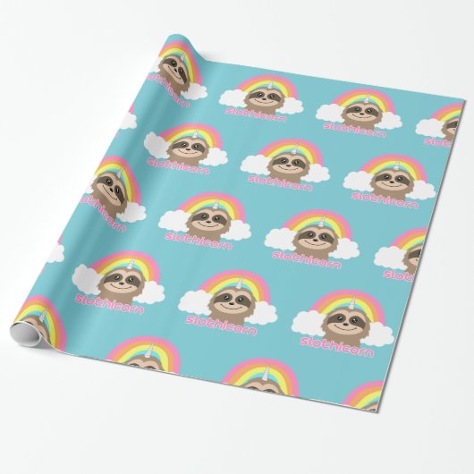 Cute Sloth Unicorn Wrapping Paper Cadeaupapier (Uitgerold)