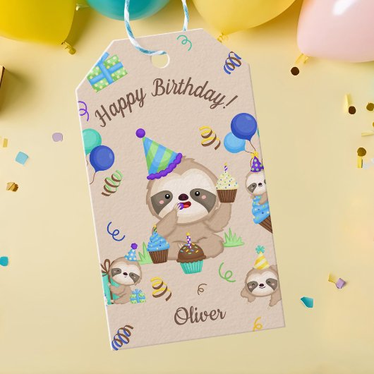 Cute Sloth Verjaardagsfeestje Blauwe Ballonnen & C Cadeaulabel
