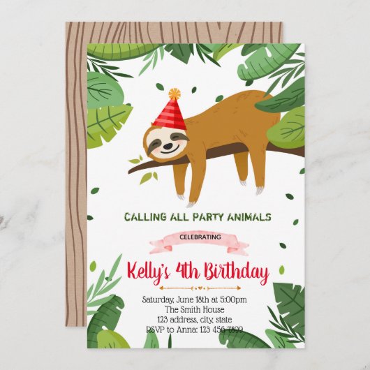 Cute sloth verjaardagsuitnodiging kaart (Voorkant / Achterkant)