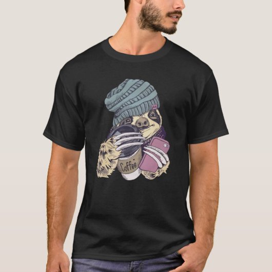 Cute Sloth With Beanie Hat Coffee and Phone Animal T-shirt (Voorkant)