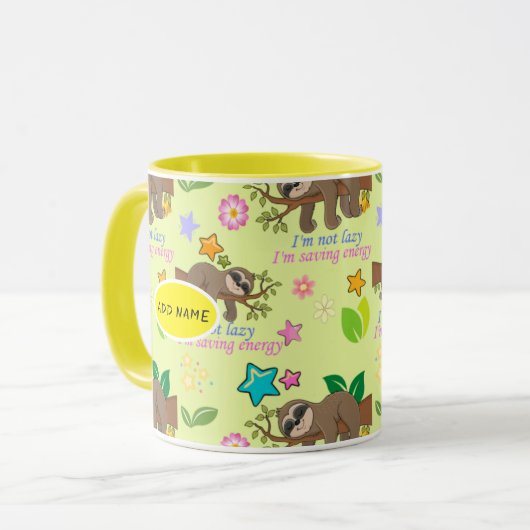 Cute Sloth Yellow Pattern Funny Lazy Quote Floral Mok (Voorkant links)