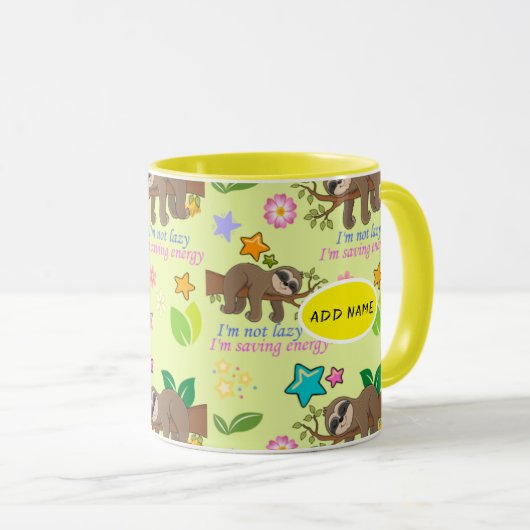 Cute Sloth Yellow Pattern Funny Lazy Quote Floral Mok (Voorkant rechts)