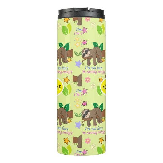 Cute Sloth Yellow Pattern Funny Lazy Quote Floral Thermosbeker (Achterkant)