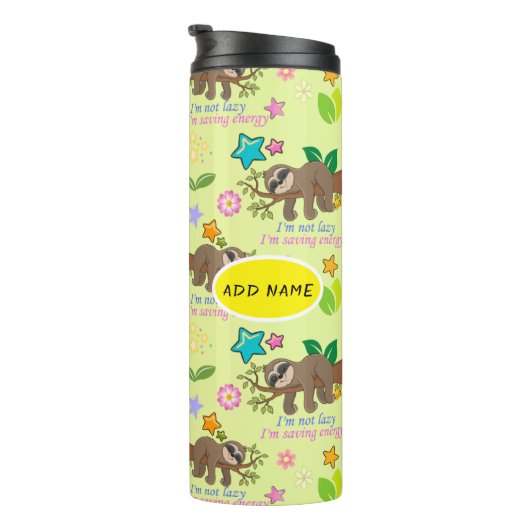 Cute Sloth Yellow Pattern Funny Lazy Quote Floral Thermosbeker (Geroteerd rechts)