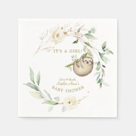 Cute Sloths Floral Greenery Girl Baby shower Pape Servet