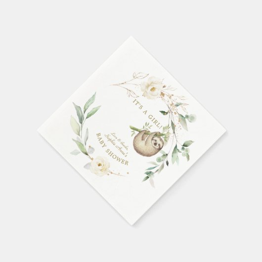 Cute Sloths Floral Greenery Girl Baby shower Pape Servet (Hoek)