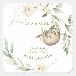 Cute Sloths Floral Greenery Girl Baby shower Pape Vierkante Sticker