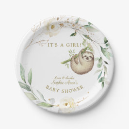 Cute Sloths Floral Greenery Girl Baby shower Papieren Bordje