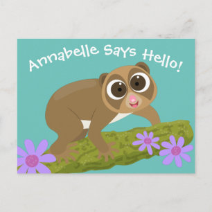 Cute slow loris bloemen cartoon illustratie briefkaart