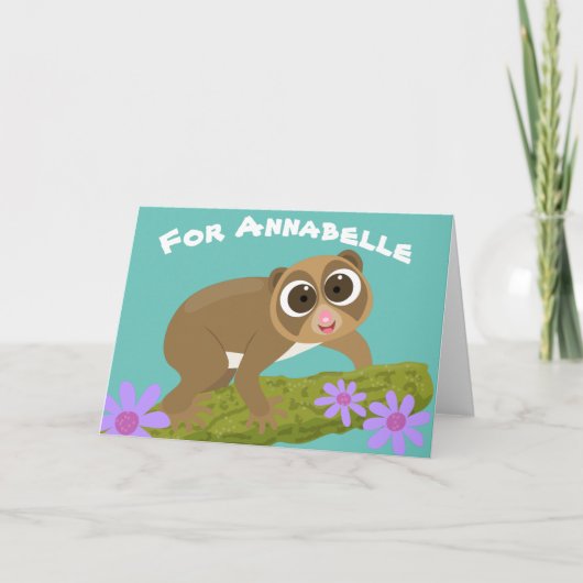 Cute slow loris bloemen cartoon illustratie kaart (Voorkant)