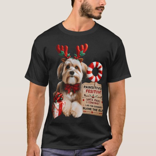Cute Small Dog in Reindeer Antlers & Bow Tie T-shirt (Voorkant)