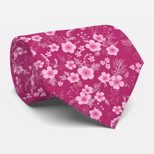 Cute small pink floral with Magenta background Stropdas (Opgerold)