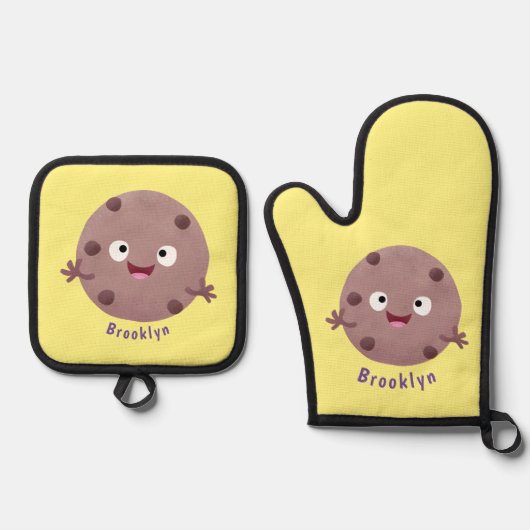 Cute smart chocolade chip cookie cartoon ovenwant & pannenlap set (Voorkant)