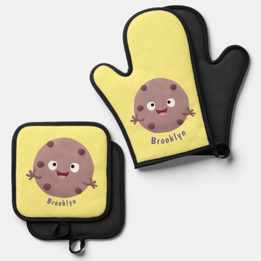 Cute smart chocolade chip cookie cartoon ovenwant & pannenlap set (Voorkant / Achterkant)