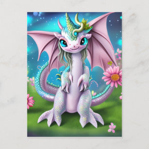 Cute Smiling Baby Dragon met Flowers Briefkaart
