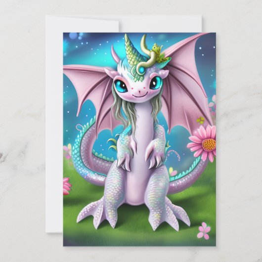 Cute Smiling Baby Dragon met Flowers Feestdagenkaart (Voorkant)